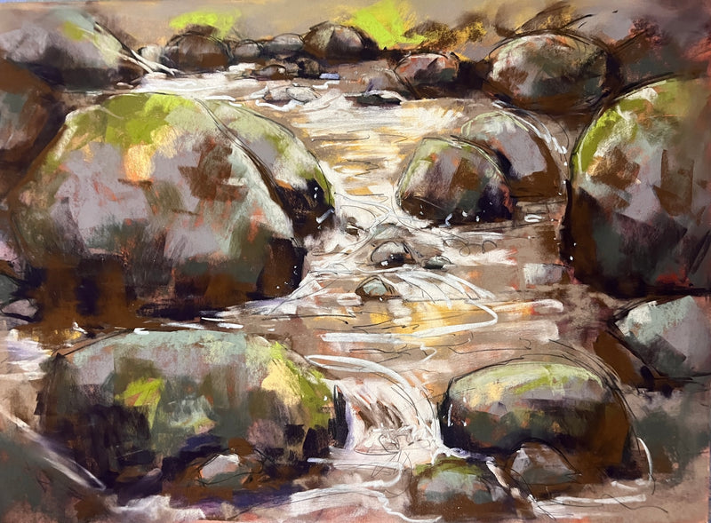 Artistic depiction of a stream flowing over rocks with a focus on natural elements.