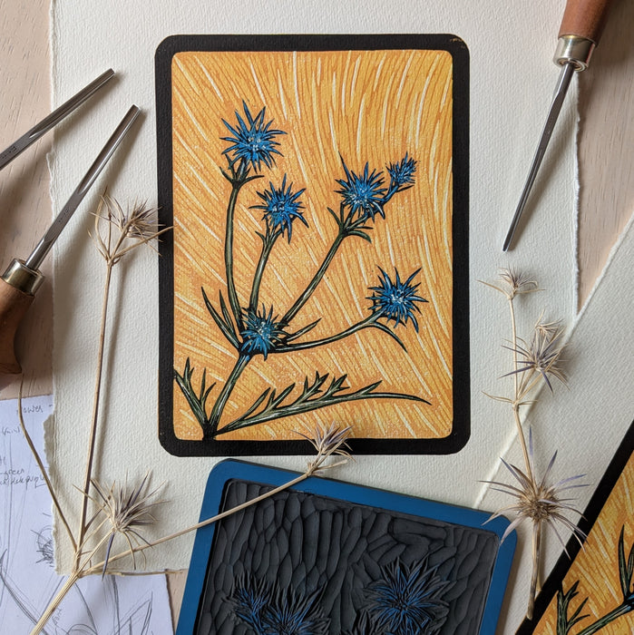 Blue Devils reduction linoprint (NEW!), with Dr Fenja T Ringl