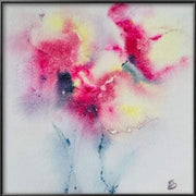 Abstract art piece with pink, yellow, and black colors on a light background