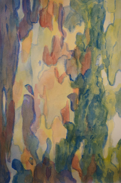 Abstract artwork of eucalypt bark in watercolourwith vibrant colors on a textured surface