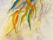 Colourfu watercolor painting by Ether Shelley of gum leaves. The background is textured with watercolor washed and paint splatters