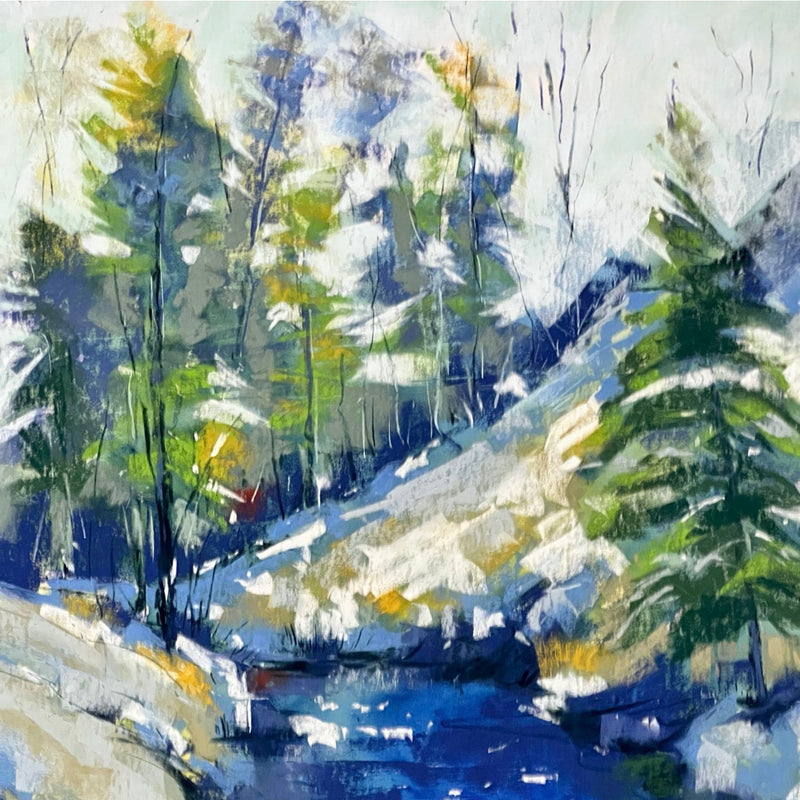 A painting featuring a landscape with soft pastel colors, including a representation of trees and a body of water.