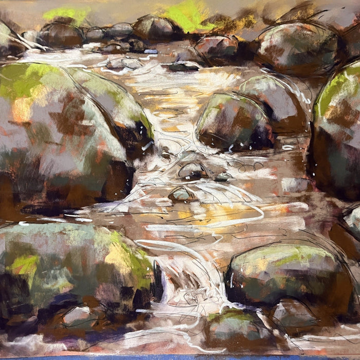 rocks in a stream in oil pastels by NatureArt Lab art class tutor Caroline Reid
