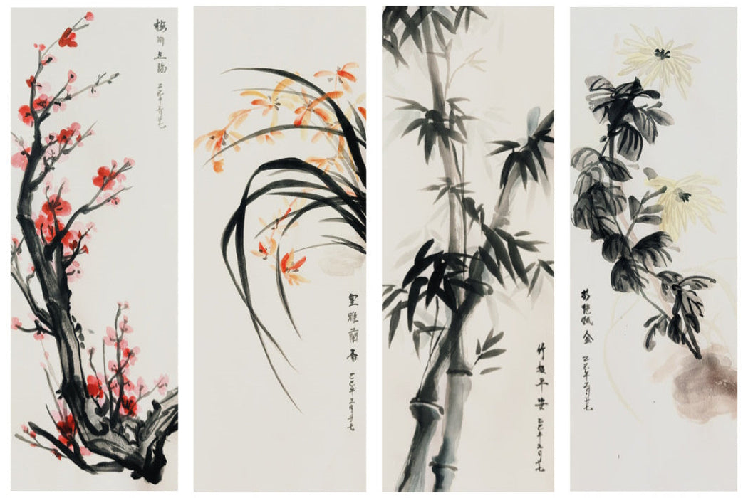 Four panels of Chinese-style ink paintings featuring flowers and bamboo on a white background.