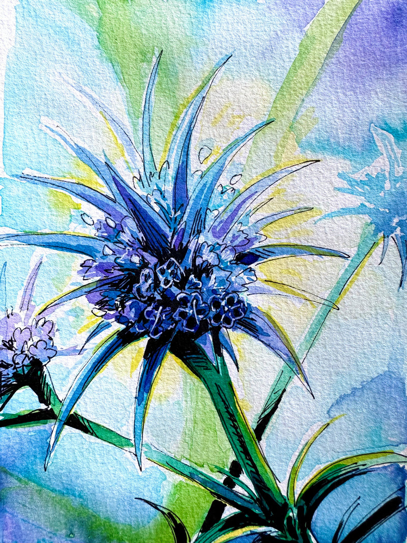 Artistic depiction of a spiky blue thistle -like flower with watercolor textures