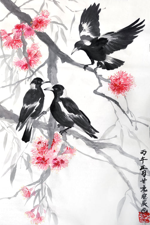 Artistic depiction of 3 Australian Magpies on a branch of Australian native flowering gum. The tree is in bloom with bright red flowers and one of the magpies has its wings outstretched. The artwork is in traditional Chinese ink.
