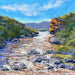 Soft pastel Painting of a river flowing through a landscape with rocks and greenery.