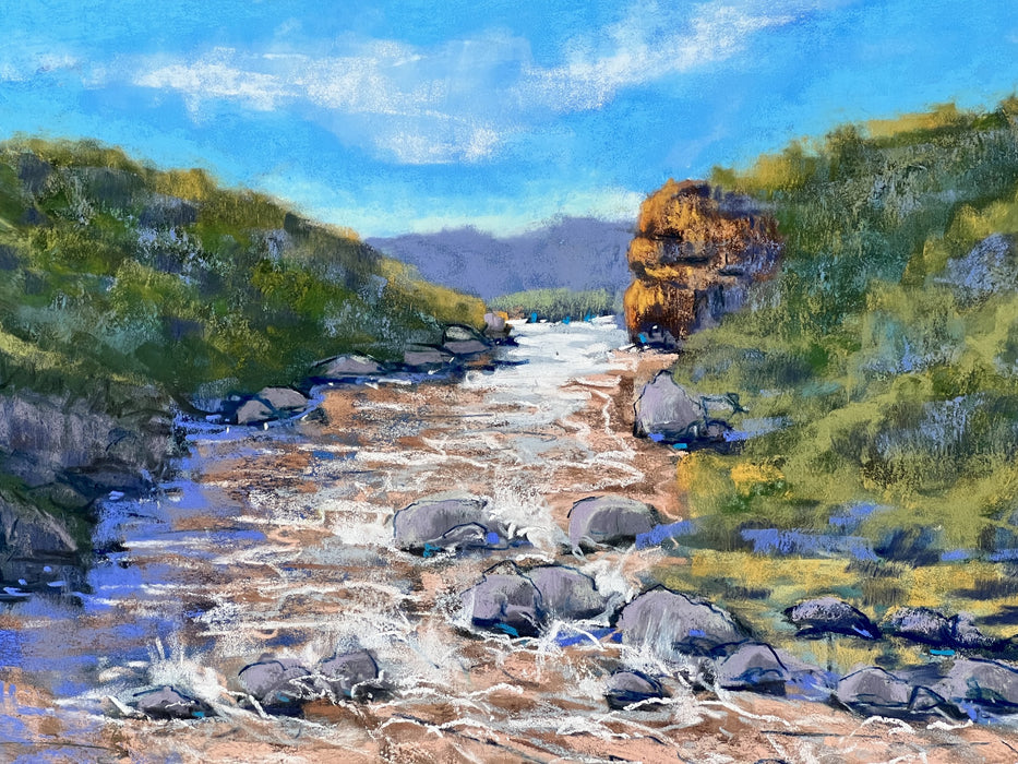 Soft pastel Painting of a river flowing through a landscape with rocks and greenery.