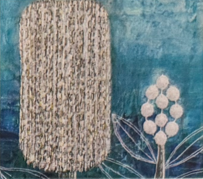 Textured cylindrical object on a blue background with white floral elements
