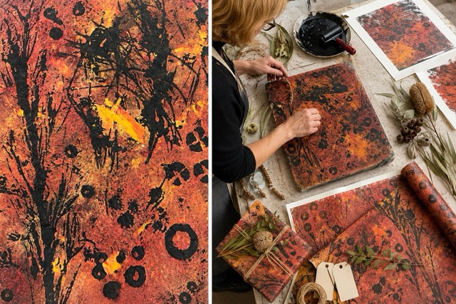 Person making clay impressions with Australian flora leaves and nuts